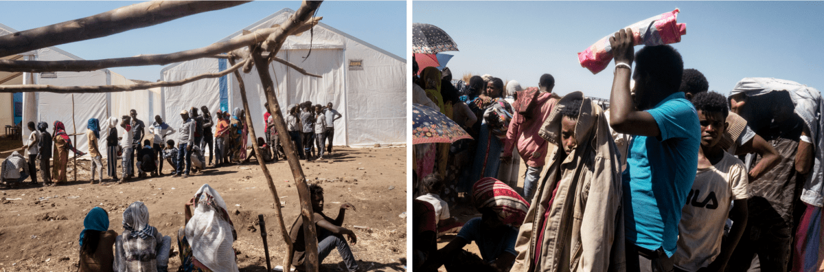 Un groupe de réfugiés fait la queue pour une distribution de nourriture organisée par le PAM dans le camp d'Um Rakuba. Soudan, région de Gedaref, frontière avec l'Ethiopie, décembre 2020.
 © Thomas Dworzak/Magnum Photos