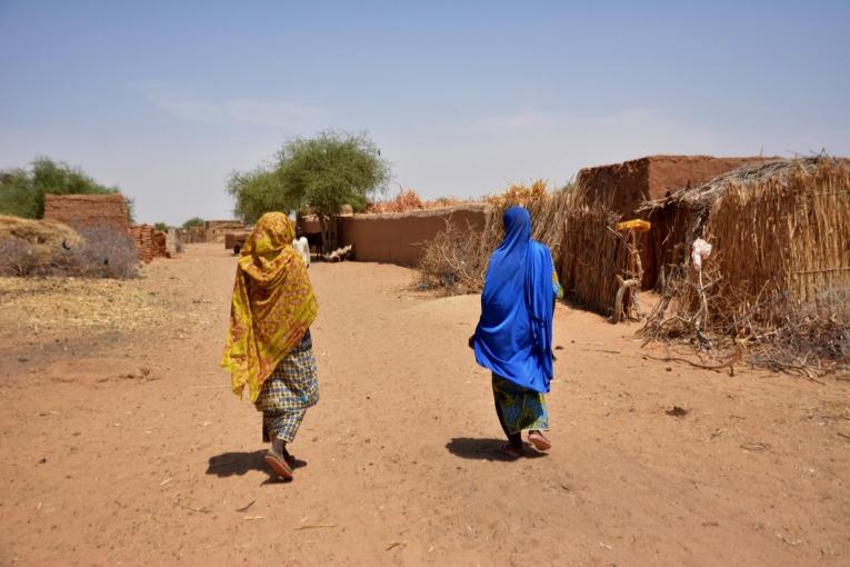 Une matrone marche dans son village avec une femme qu'elle a récemment référée aux équipes de Médecins Sans Frontières.&nbsp;
 © Elise Mertens/MSF