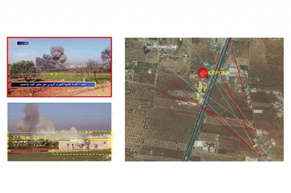 Extrait d'une vidéo de Forensic Architecture sur l'étude du bombardement de l'hôpital de Maarat Al Numan, en Syrie, en février 2016.