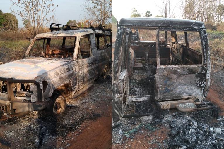 Véhicule MSF incendié après une attaque à main armé dans la périphérie de Yei. Soudan du Sud. 2022.