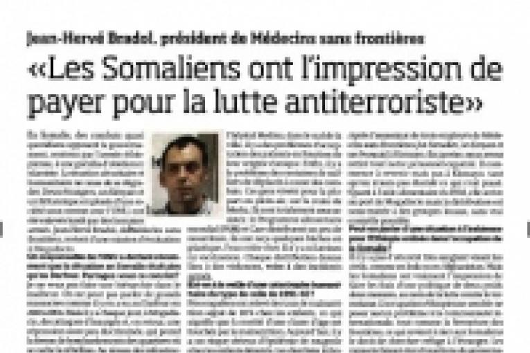 De retour de Somalie en avril 2008 le Dr. Jean Hervé Bradol est interviewé par Christophe Ayad journaliste à Libération sur la situation humanitaire dans le pays.