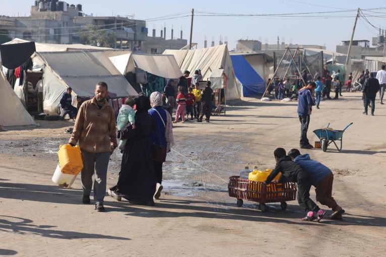 Displaced Palestinians in the southern Gaza town of Rafah’s Al-Shaboura neighborhood.