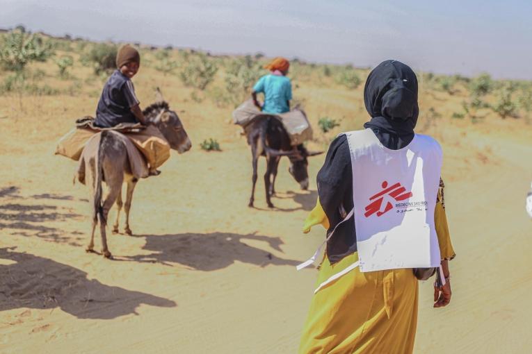 Une agente de promotion de la santé MSF partage des informations essentielles sur la prévention de la rougeole et l'importance de la vaccination avec les membres de la communauté dans la région d'El Geneina.