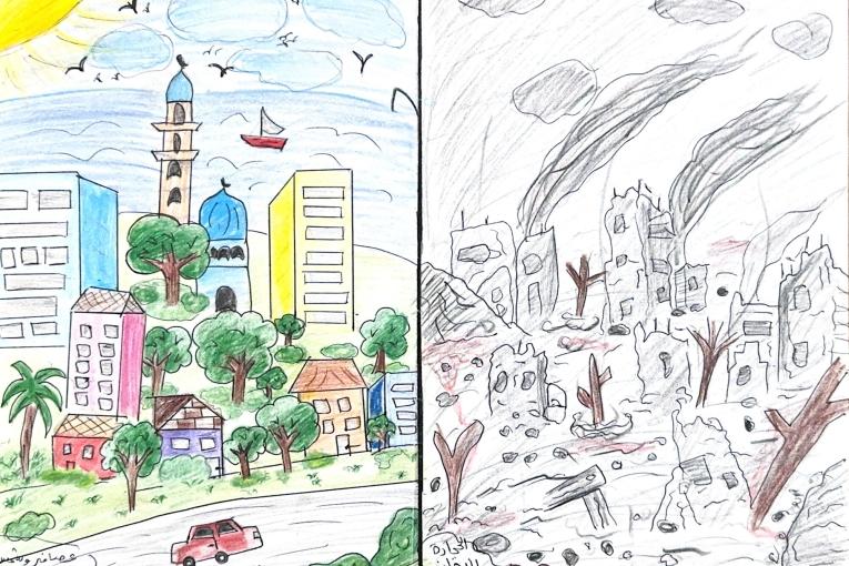 Dina, 11 ans, a dessiné son quartier avant et après le génocide de Gaza