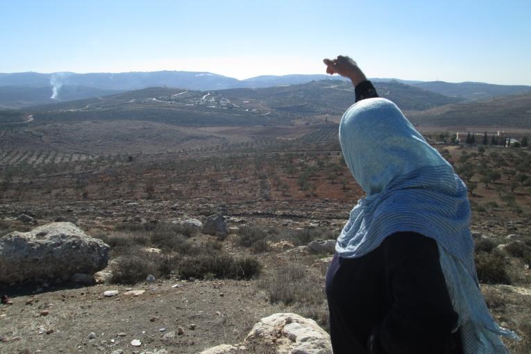 Um Fawaz montre à Wissam le champ d’oliviers en contrebas du village.