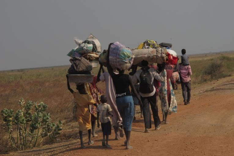 Des Sud Soudanais fuyant les violences dans l'Etat d'Unité Soudan du Sud janvier 2014.