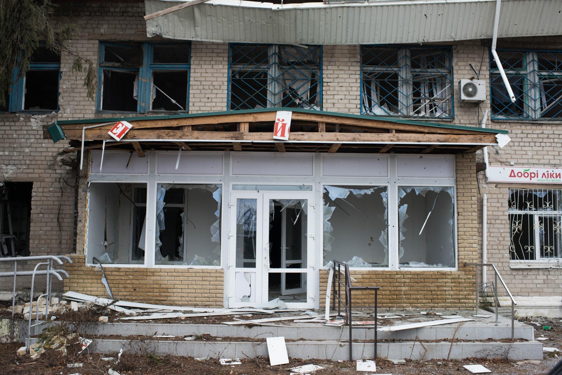 Un hôpital détruit à Lyman, dans la région de Donetsk. Ukraine. Février 2023.