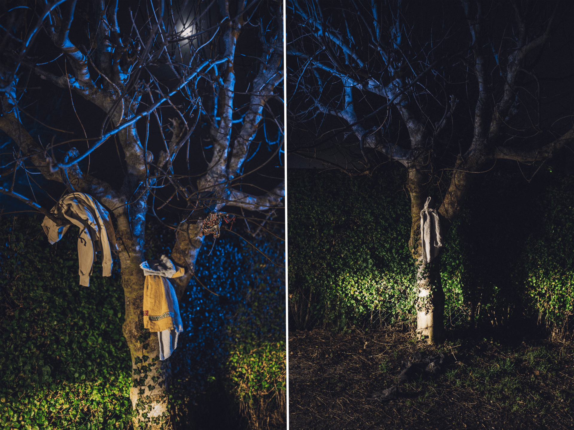 Les vêtements d'une personne en migration sèchent sur un arbre. Il n'a pas pu rejoindre l'embarcation qui tentait la traversée de la Manche ce soir-là.