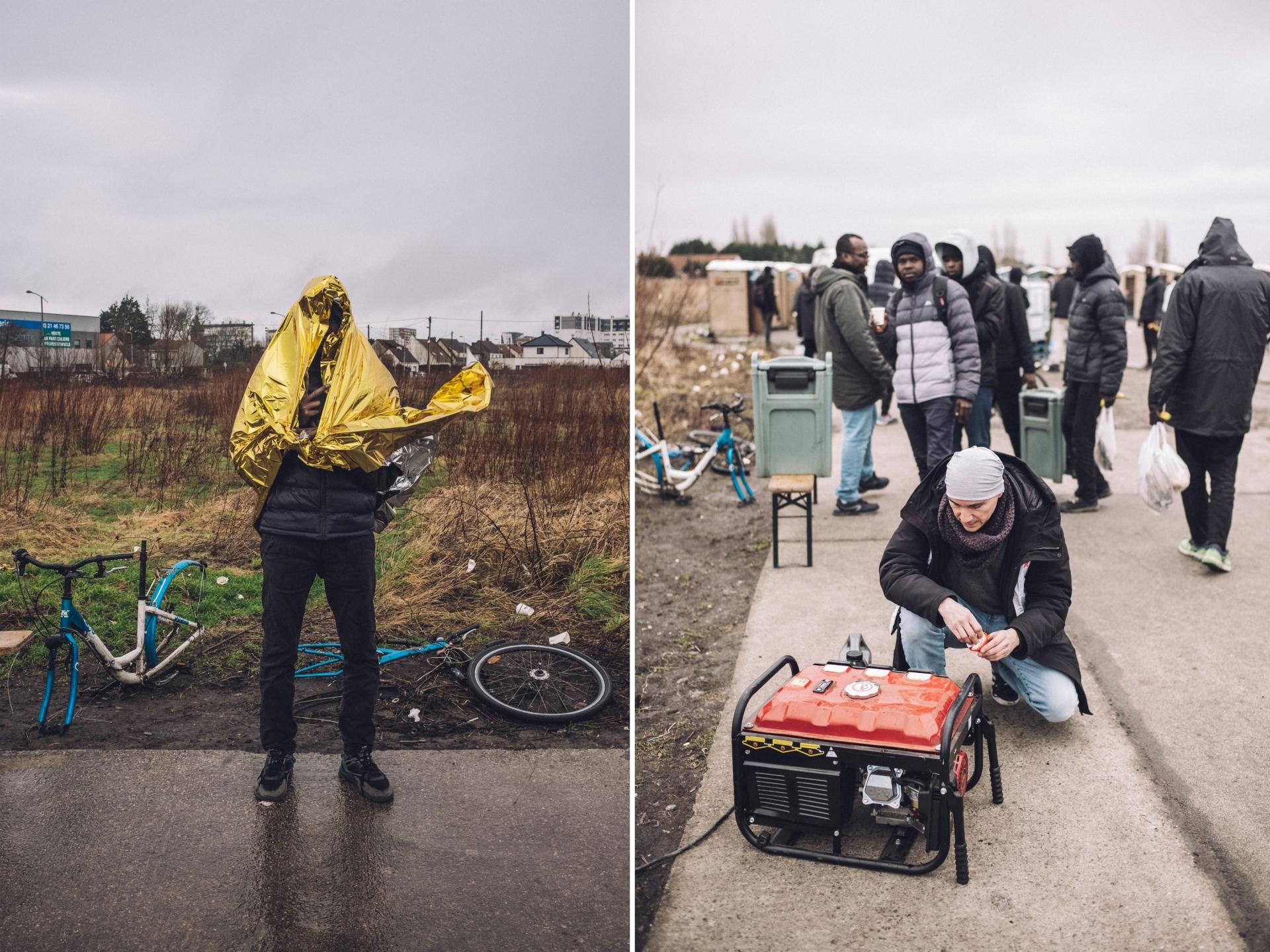 Un migrant enveloppé dans une couverture de survie (à gauche) et un membre des équipes MSF qui vérifie un générateur lors de la clinique mobile de MSF. Janvier 2024 (à droite).