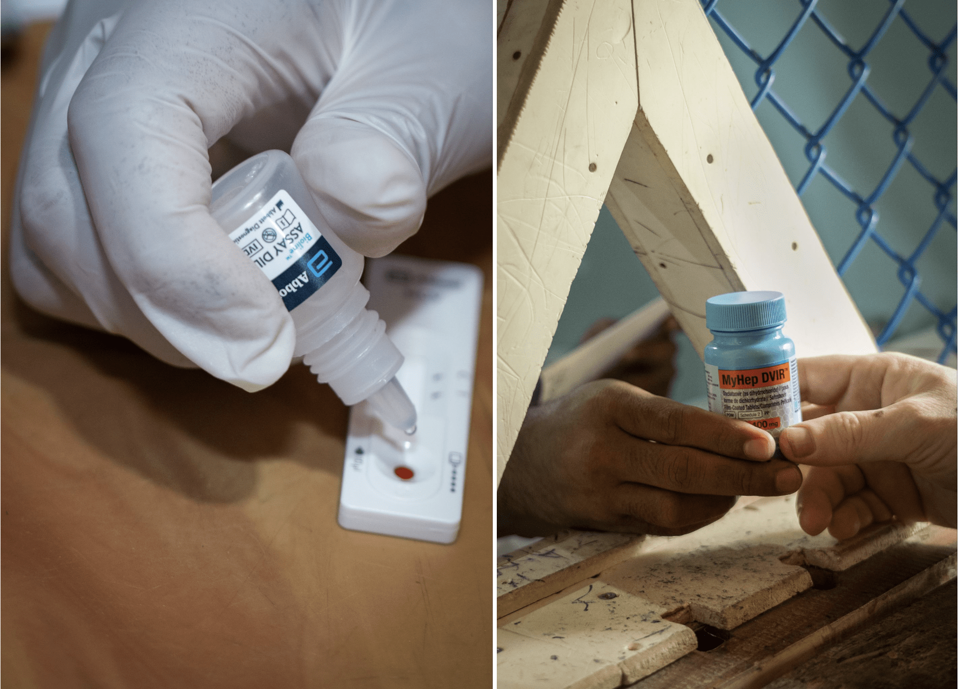 Test de diagnostic rapide (gauche) et traitement (droite) pour le virus de l’hépatite C.