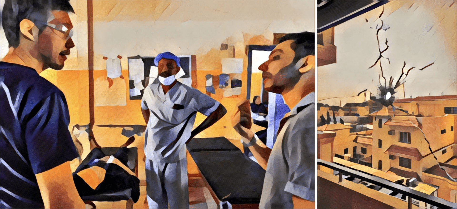Illustrations sur la base d'une photographie prise par Ala Kheir. Une partie de l'équipe médicale de l'hôpital universitaire Bashair, à Khartoum, Soudan, mai 2023 (gauche). Un impact de balle sur l'une des fenêtres des locaux de MSF, à Khartoum, Soudan, avril 2023 (droite).