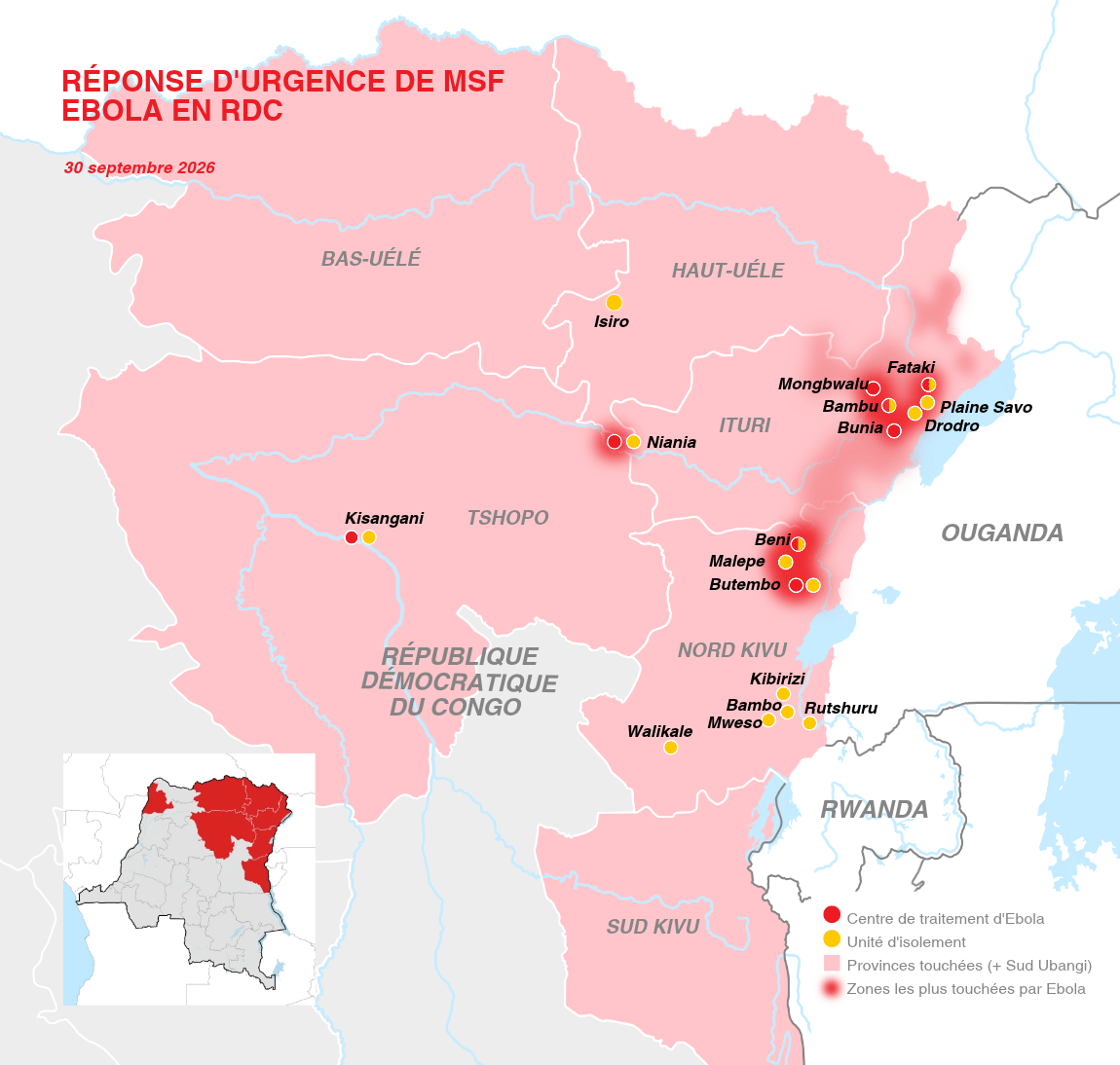 La carte des actions de MSF pour lutter contre l'épidémie d'Ebola en RDC.