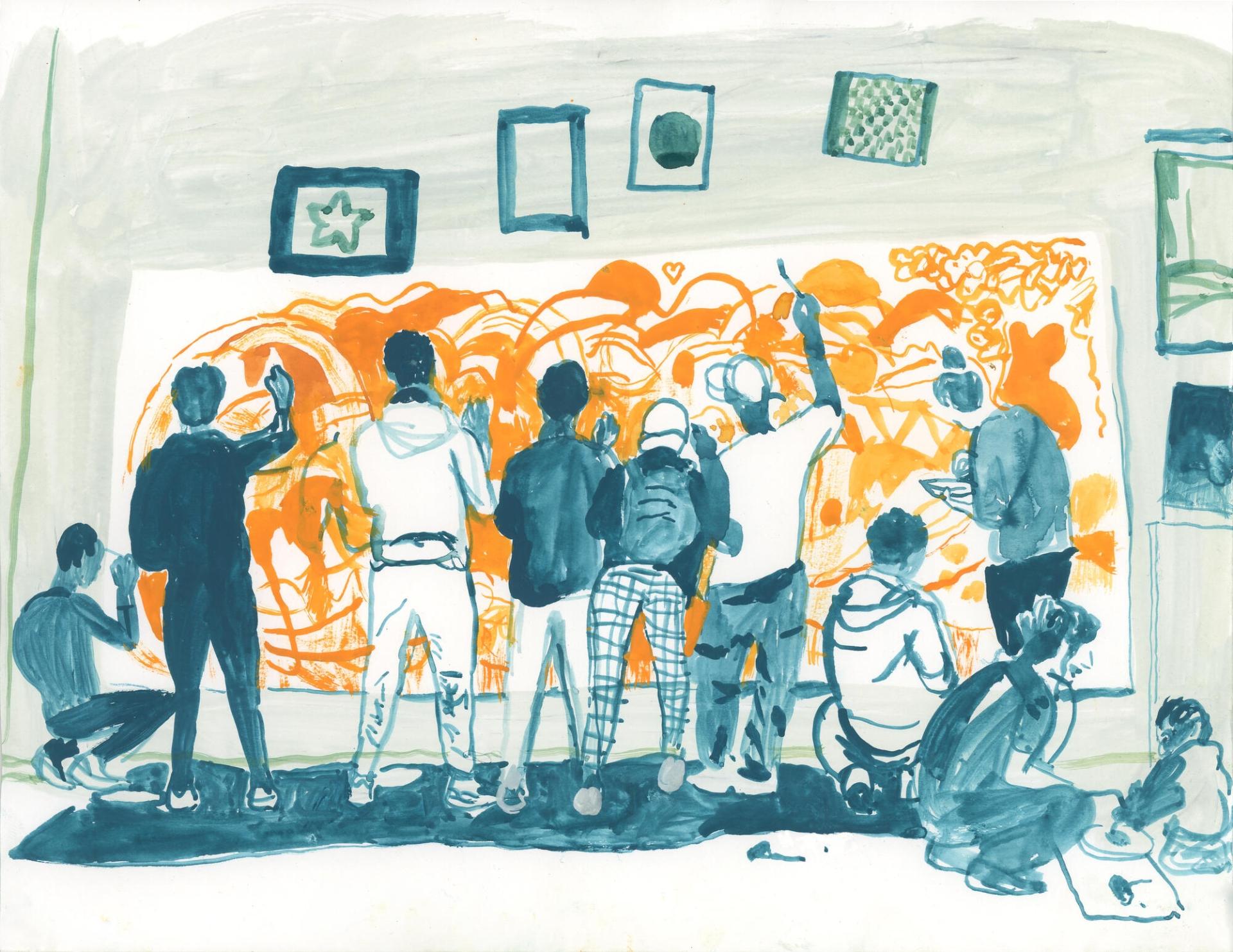 Des adolescents participent à un cours de dessin avec une bénévole du GR1.