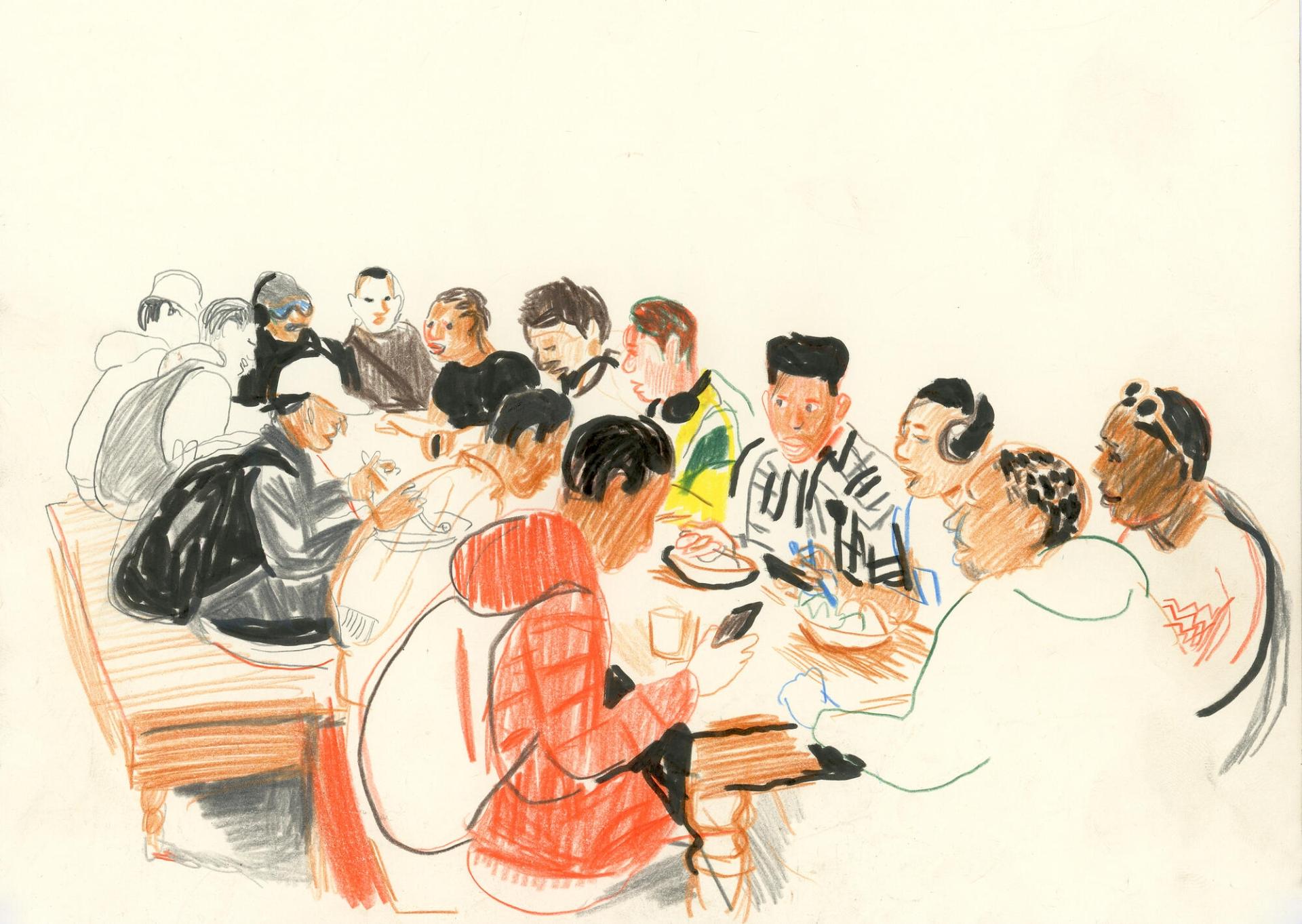 Des adolescents déjeunent au GR1. Certains participent à la préparation des repas et ils s’occupent tous de mettre de débarrasser la table.