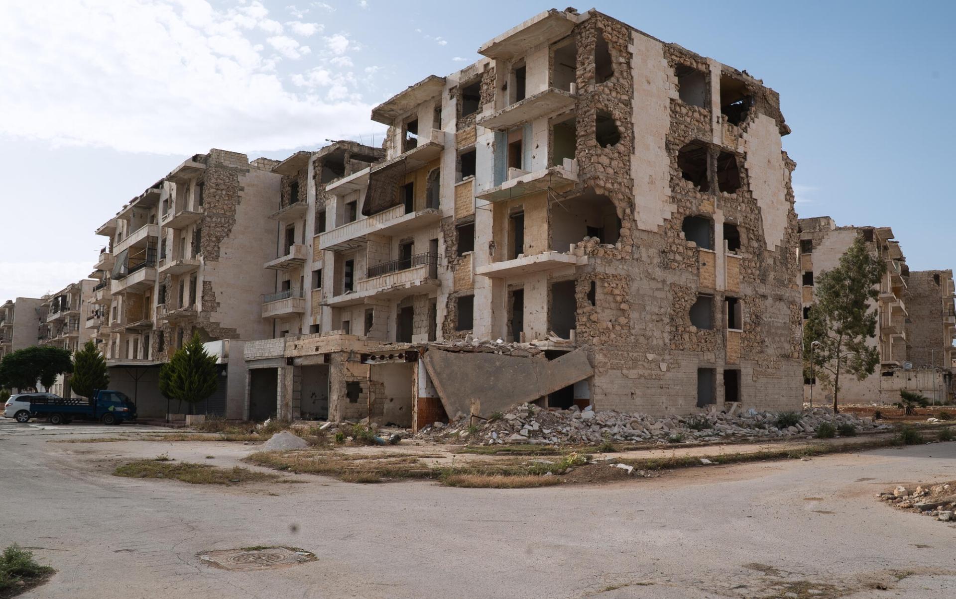 Vestiges de bâtiments détruits dans l'est d'Alep, en Syrie.