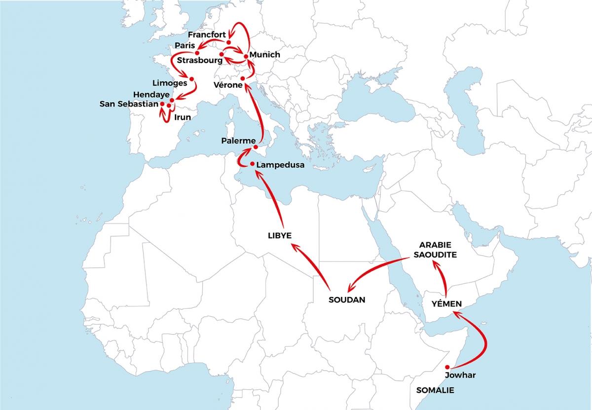 Le voyage d'Asad depuis la Somalie jusqu'en Espagne.
 © MSF - Janvier 2019