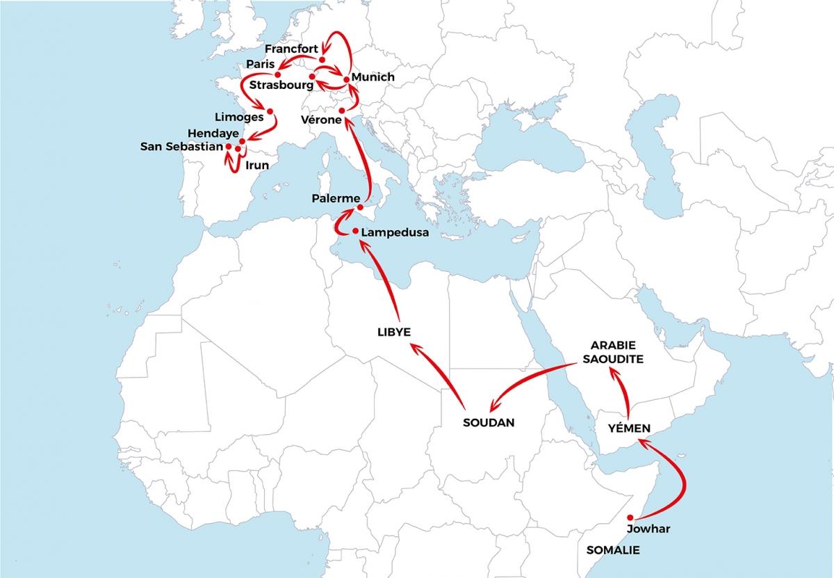 Le voyage d'Asad depuis la Somalie jusqu'en Espagne.
 © MSF - Janvier 2019