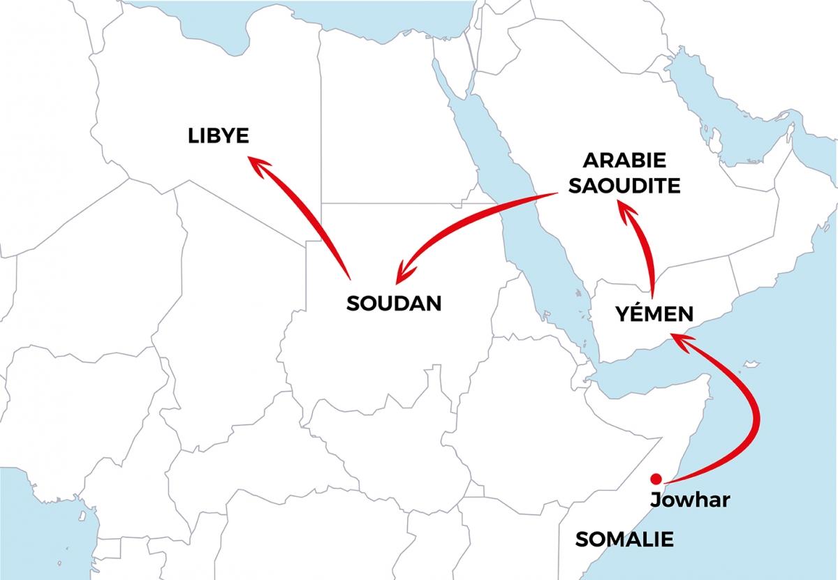 Première partie du voyage d'Asad de la Somalie à la Libye. 2019.
 © MSF - Janvier 2019