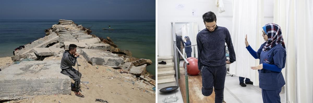 (gauche) Eyad, un musicien palestinien de 23 ans, a été blessé par balle par l'armée israélienne le 14 mai 2018. © Mohammed Abed (droite) Sabrine Wadi est physiothérapeute à l'hôpital Al Awda dans le nord de Gaza. Elle aide un patient dans ses exercices de physiothérapie. © Virginie Nguyen Hoang