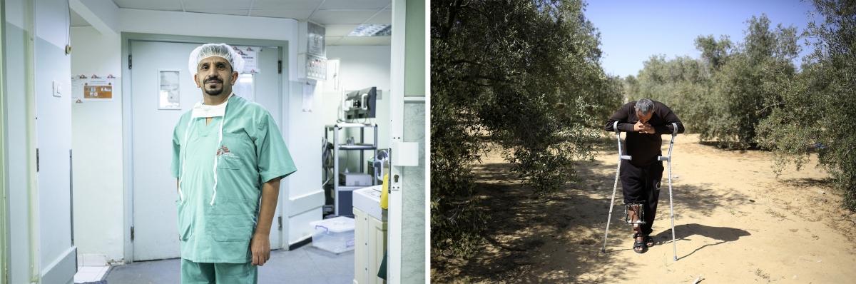 (gauche) Rami, 40 ans, infirmier à l'hôpital Al Awda à Gaza. © Virginie Nguyen Hoang (droite) Ahmed, 38 ans, a été blessé par balle par l'armée israélienne le 14 mai 2018. Il pose dans les vergers de sa ferme à Rafah, au sud de la bande de Gaza. © Mohammed Abed