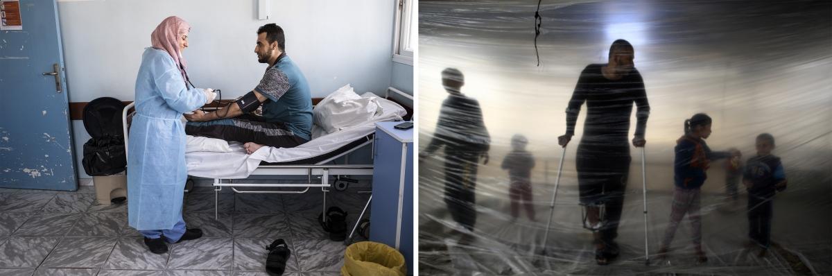 (gauche) L'infirmière Ola Hassuna assiste un patient dans une chambre d'isolement de l'hôpital Al-Awda. © Virginie Nguyen Hoang (droite) Ahmed, 38 ans, a été blessé par balle par l'armée israélienne lors de la grande marche du retour © Mohammed Abed