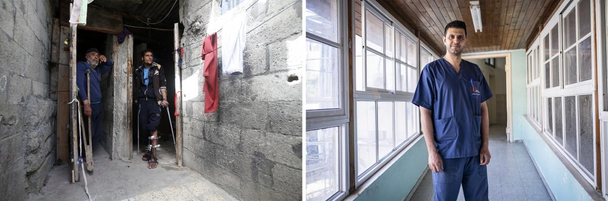 (gauche) Murad, 26 ans, a été blessé par balle par l'armée israélienne le 14 mai 2018, devant la maison de son père à la périphérie de la ville de Gaza. © Mohammed Abed (droite) Shadi Al Najjar, physiothérapeute, pose dans l'un des couloirs de l'hôpital Al Awda, dans le nord de Gaza. © Virginie Nguyen Hoang