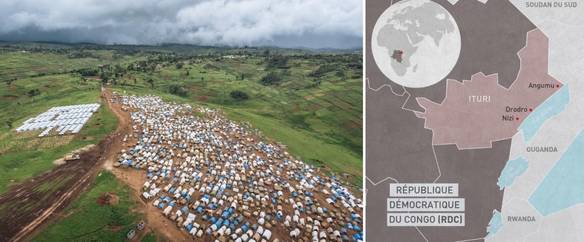 Une vue aérienne du camp de déplacés de Rho, dans la zone de santé de Drodro. Malgré la présence des Casques bleus de l'ONU, le site des déplacés internes a été attaqué à deux reprises à la fin du mois de septembre 2019 par des hommes armés.
 © Alexis Huguet
