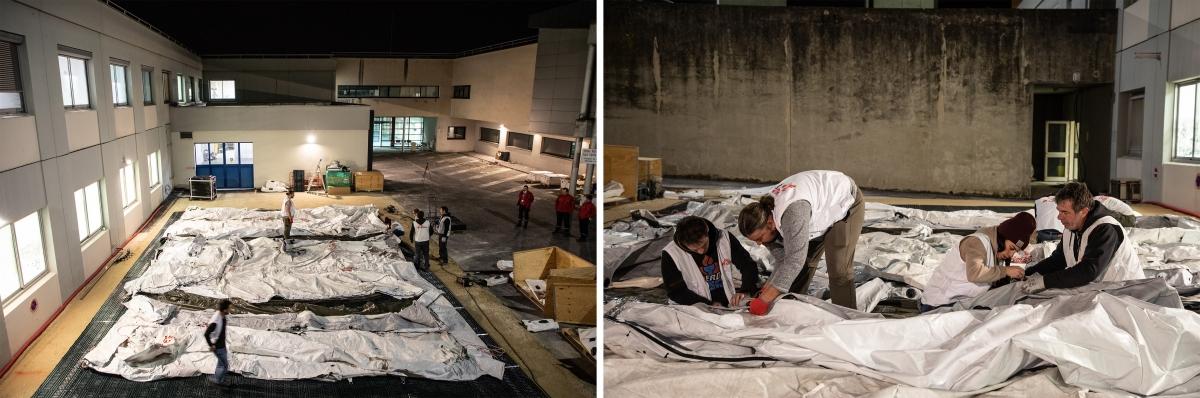 Samedi 4 avril, une équipe MSF de 6 logisticiens et une experte en eau, hygiène et assainissement a monté une structure mobile sous tente afin d'augmenter la capacité du service réanimation du CHU de Reims.
 © Agnes Varraine-Leca/MSF