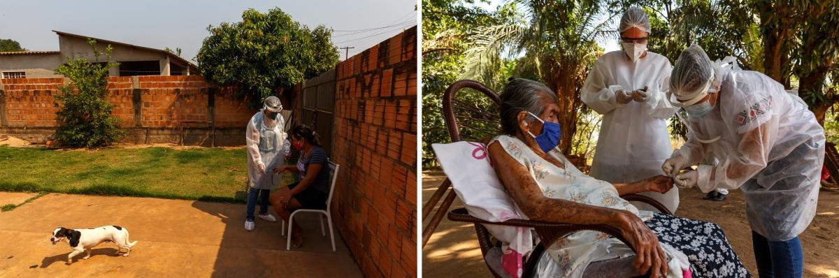 Gauche : Dans la ville d'Aquidauana, MSF soutient l'équipe de santé de la municipalité qui visite les patients atteints par la Covid-19. Droite : Mayra Leandro, infirmière MSF, travaille avec un agent de santé local qui s'occupe des patients du village de Lagoinha. La prise de sang va permettre de connaître le taux de sucre dans le sang de la patiente, car de nombreux autochtones souffrent de diabète.
© Diego Baravelli/MSF