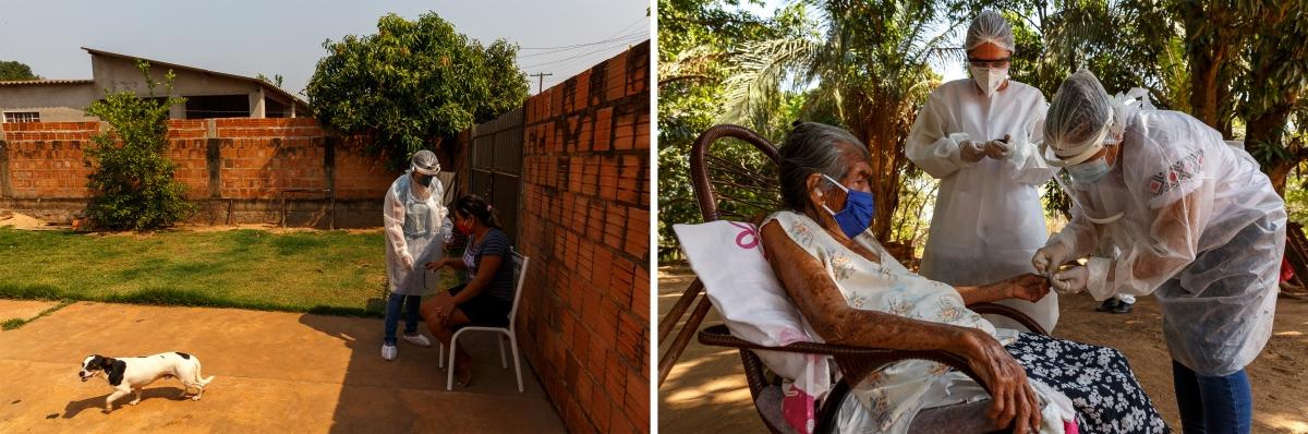 Gauche : Dans la ville d'Aquidauana, MSF soutient l'équipe de santé de la municipalité qui visite les patients atteints par la Covid-19. Droite : Mayra Leandro, infirmière MSF, travaille avec un agent de santé local qui s'occupe des patients du village de Lagoinha. La prise de sang va permettre de connaître le taux de sucre dans le sang de la patiente, car de nombreux autochtones souffrent de diabète.
 © Diego Baravelli/MSF