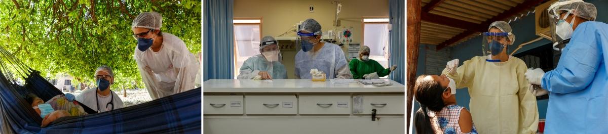 Gauche : La Dr. Luiza Cegalla et Erica Cravo, infirmière MSF, assurent le suivi médical d'une patiente testée positive au coronavirus à son domicile, dans le village de Limão Verde, dans l'État du Mato Grosso do Sul. Centre : La Dr. Jenny Martino et le Dr. Michael Jaung discutent d'un patient pris en charge à l'hôpital régional d'Aquidauana, soutenu par MSF. Droite : Erica Cravo, infirmière MSF, prélève un échantillon sur un patient du village de Limão Verde, pour un test Covid-19.
 © Diego Baravelli/MSF