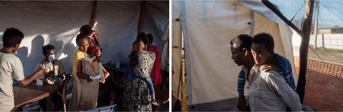 Des réfugiés attendent pour une consultation dans la clinique de MSF, située dans le camp de transit d'Al Hashaba. C'est la seule structure de soins dans le camp. Soudan, région de Gedaref, frontière avec l'Ethiopie, décembre 2020.
 © Thomas Dworzak/Magnum Photos