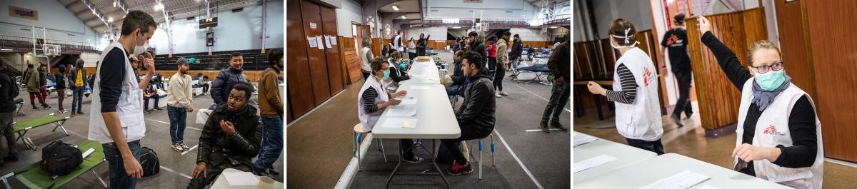 Les équipes MSF lors d'une intervention dans le gymnase Jean-Jaurès à Paris, le 24 mars 2020.&nbsp;
 © Agnes Varraine-Leca/MSF