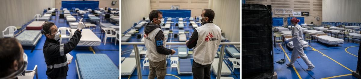 Hôpital temporaire pour les personnes atteintes de la&nbsp;Covid-19, installé par MSF à Leganes en Espagne, afin de désengorger les hôpitaux de la région, en mars 2020.
 © Olmo Calvo