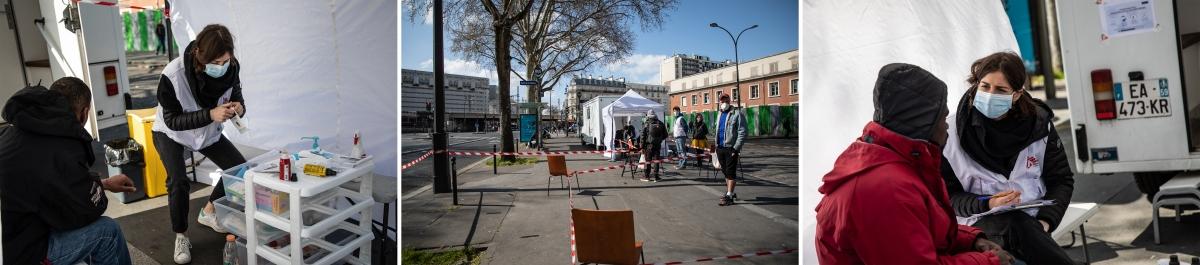 Une clinique mobile MSF déployée à Porte de la Villette à Paris en mars 2021.&nbsp;
 © Agnes Varraine-Leca/MSF