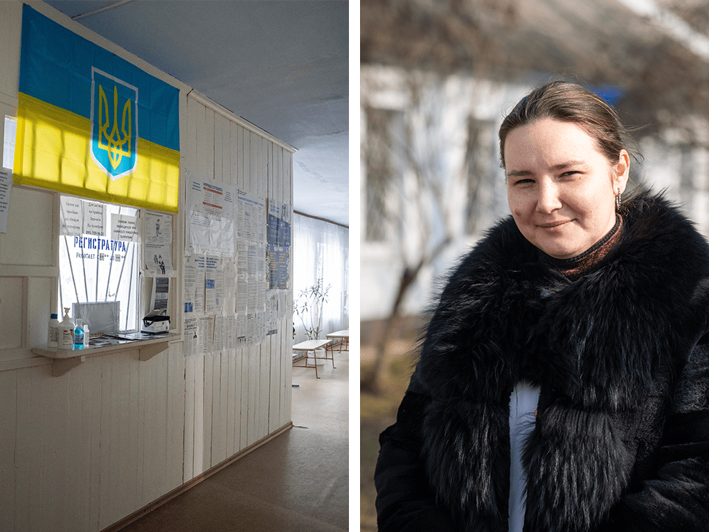 Le centre de santé (à gauche) du village de Myroliubivka&nbsp;dans lequel Tetiana (à droite) travaille. Ukraine. Février 2023.
 © Laurel Chor