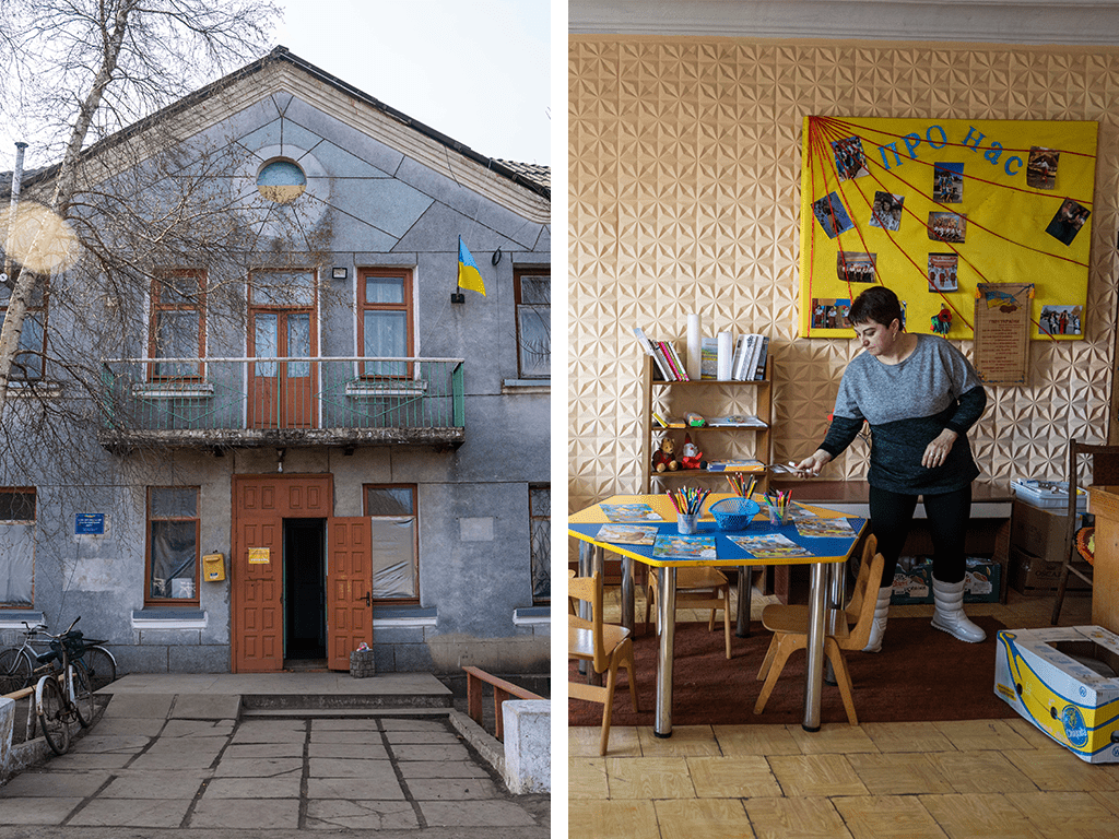 L'hôtel de ville de&nbsp;Blahodatne (à gauche) et une bénévole dans le centre des volontaires du village (à droite). Ukraine. Février 2023.
 © Laurel Chor
