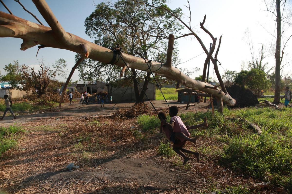 Des enfants jouent sur une balançoire accrochée à un arbre tombé&nbsp;lors du passage du cyclone. Mozambique. 2019.
 © Mohammad Ghannam/MSF