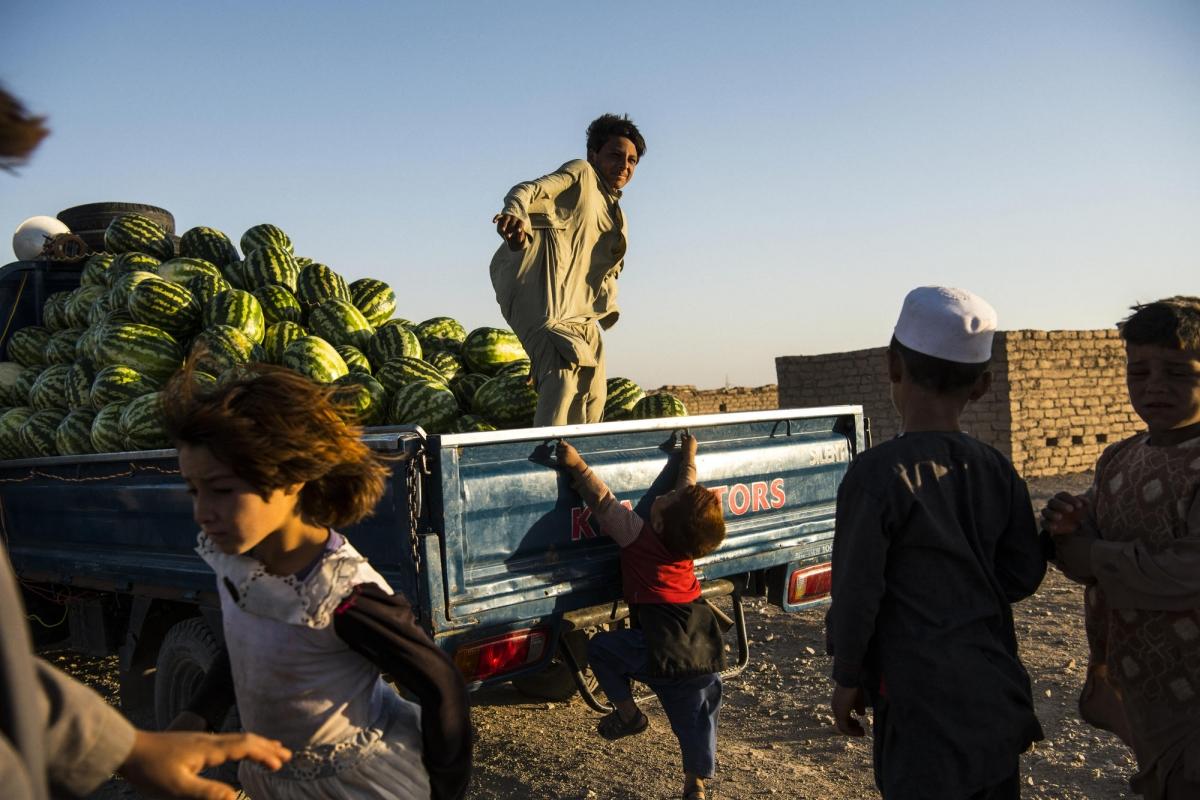 Camp de déplacés de Shahrak-é-Sabz, en périphérie de la ville d'Hérat, Afghanistan, août 2019. Des habitants viennent acheter des pastèques.
© Andrew Quilty