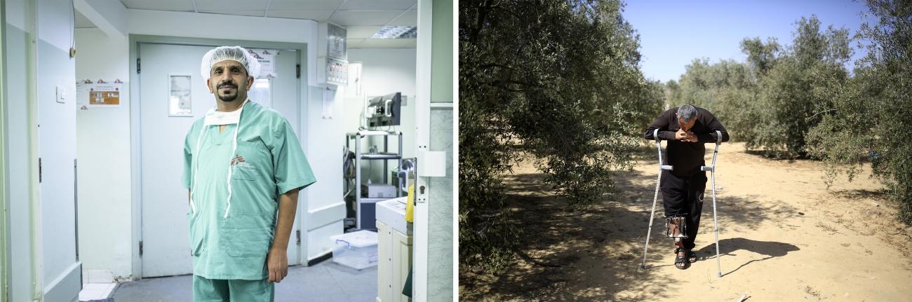 (gauche) Rami, 40 ans, infirmier à l'hôpital Al Awda à Gaza. © Virginie Nguyen Hoang (droite) Ahmed, 38 ans, a été blessé par balle par l'armée israélienne le 14 mai 2018. Il pose dans les vergers de sa ferme à Rafah, au sud de la bande de Gaza. © Mohammed Abed