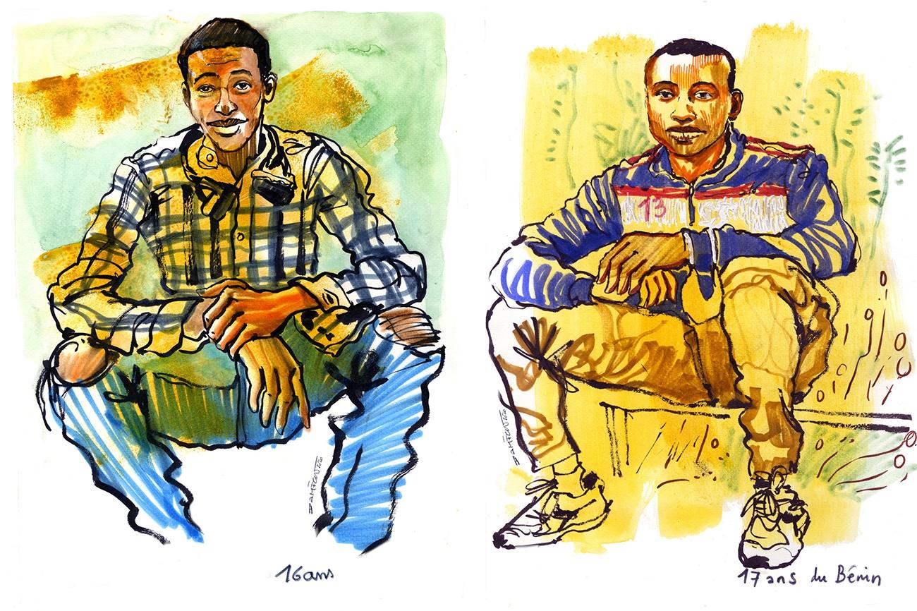 Des adolescents, mineurs isolés étrangers, croqués par Damien Roudeau sur le camp installé à Paris, près de la place de la République. 2020.
© Damien Roudeau / Inklink pour MSF