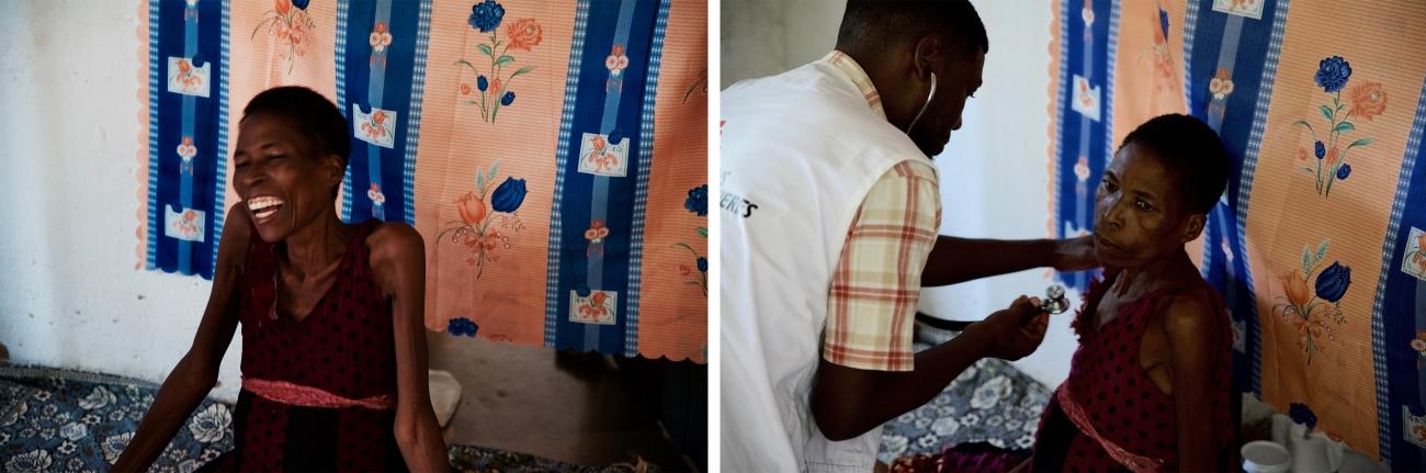 Depuis qu'elle est suivie par l'équipe MSF de soins palliatifs pour soigner son cancer du col de l'utérus, Margaret Mafupa ressent moins de douleurs. Cependant, n'arrivant pas à se déplacer correctement, elle a besoin d'une aide constante. District de Blantyre, Malawi, le 10 mars 2020.
© Francesco Segoni/MSF