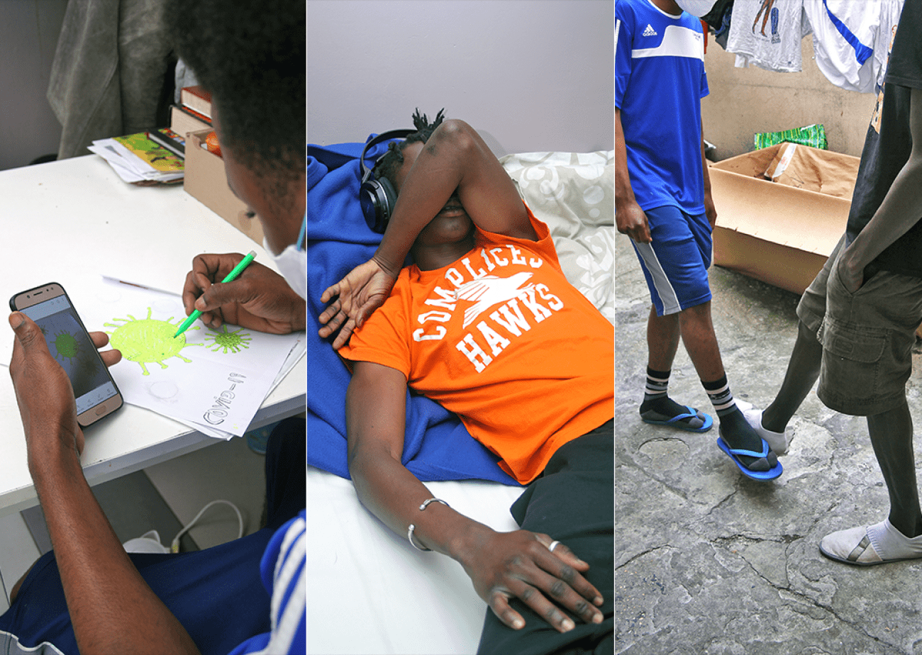 « Maintenant nous croisons les pieds au lieu de nous serrer la main. C’est la nouvelle façon de se saluer. », Imany (photo de droite), un jeune suivi par MSF.
© Julien Bonnin