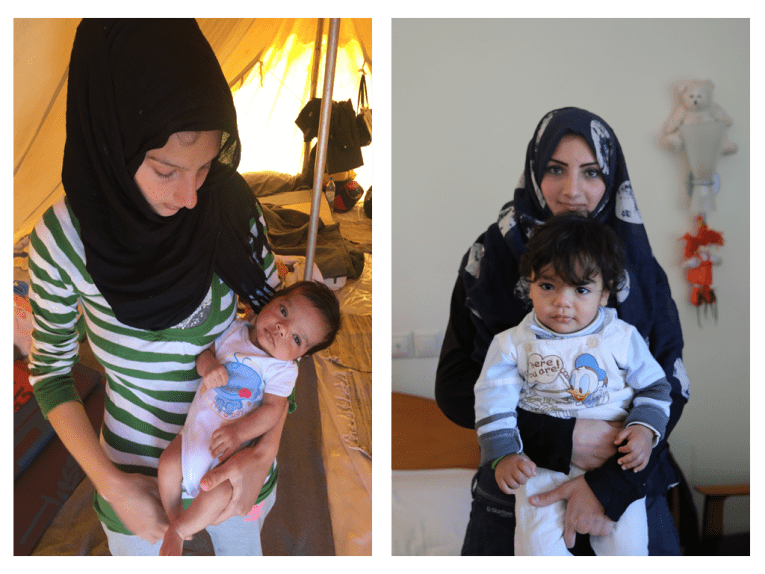Rawan et son fils, Ahmed, âgé de 6 semaines (à gauche) puis d’un an (à droite).
 © Mohammad Ghannam/MSF