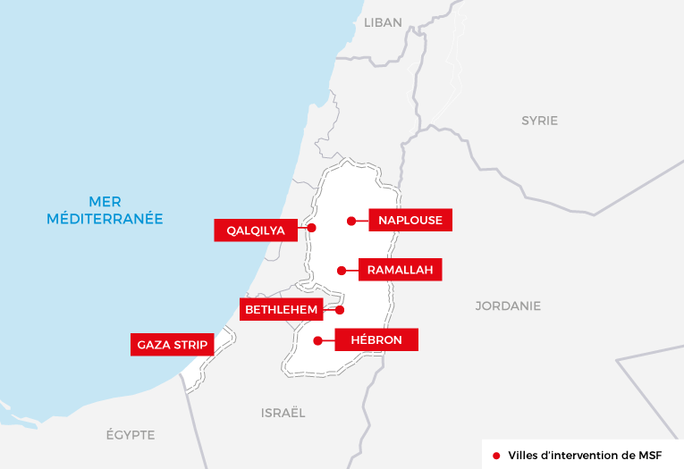 Principales interventions de Médecins Sans Frontières en Palestine. Source :&nbsp;rapport international&nbsp;de MSF 2016.&nbsp;
 © MSF