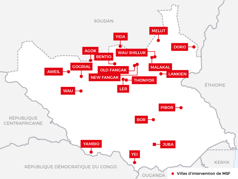Présence opérationnelle de MSF au Soudan du Sud en 2016