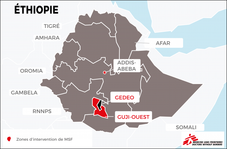 Intervention de Médecins Sans Frontières auprès des personnes déplacées dans les zones de&nbsp;Gedeo et de Guji-Ouest.&nbsp;Éthiopie.
 © MSF - Septembre 2018