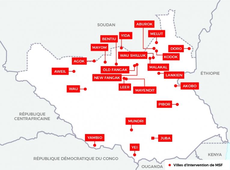 Principales interventions de Médecins Sans Frontières au Soudan du Sud. Source : Rapport international d'activités 2017.
 © MSF