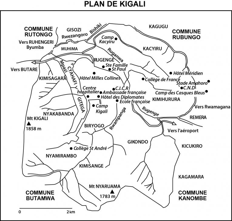 Carte de Kigali éditée&nbsp;par Jean-Hervé Bradol et Marc Le Pape à partir de la carte de l'ouvrage d'André Guichaoua (dir.)&nbsp;Les crises politiques au Burundi et au Rwanda (1993 - 1994), Paris, Karthala, 1995 p. 524.
