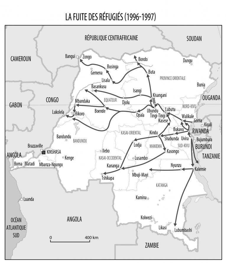 Fuite des réfugiés rwandais hutus à travers le Zaïre. Carte éditée par Jean-Hervé Bradol et Marc Le Pape à partir de HCR,&nbsp;Les réfugiés dans le monde : cinquante ans d'action humanitaire, Paris, Autrement, 2000, p. 270.
